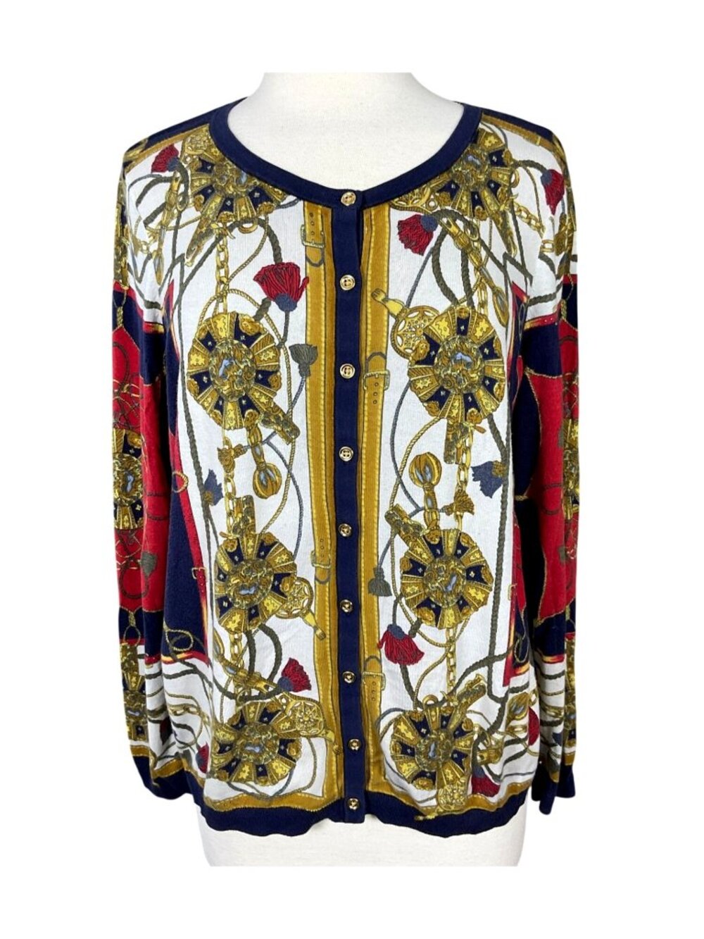 Talbots Charming Cardigan Long Sleeve Equestrian Print Button Front Womens 1X